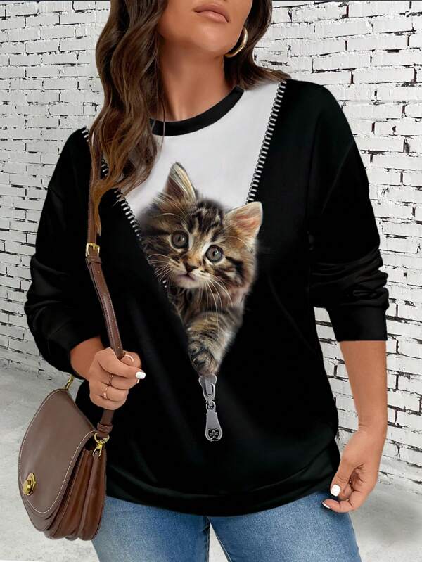 EMERY ROSE Plus Size Women's Cat Pattern Casual Loose Fit Crew Neck Sweatshirt, Fall/Winter Autumn