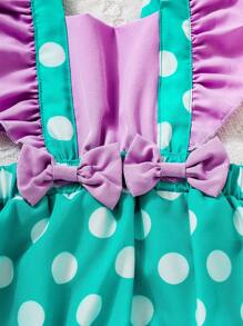 SHEIN Bộ đồ liền thân chấm bi dễ thương thường ngày cho bé gái có trang trí nơ 3D - màu xanh lá - Xem 6