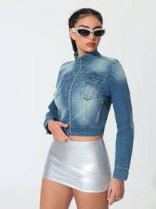 水洗渐变色牛仔短款夹克，春秋季休闲风格 - 藍色 - 查看 7