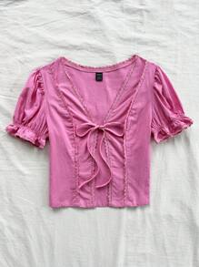 Soleia WYWH Biała koszula z bufiastymi rękawami i koronkową dekoracją, wakacyjny styl dla kobiet - Różowy - Zobacz 4