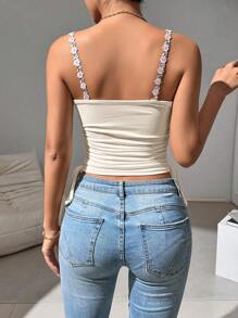 Chiquease Damen Sommer Camisole-Top mit Spitze und Blumen-Patch-Dekor - Aprikosenfarben - Übersicht 2