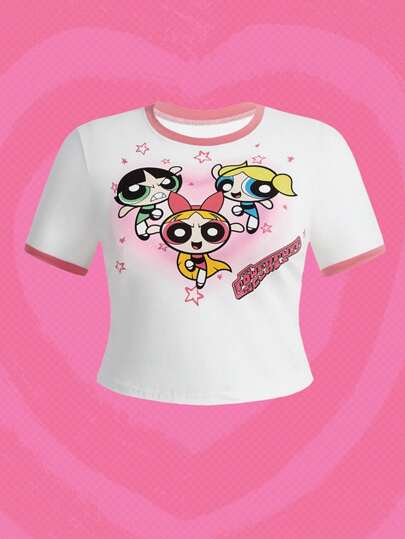 The Powerpuff Girls | ROMWE تي شيرت تي شيرت رنجر بتصميم رسوم كرتونية وحرفية للمقاسات الكبيرة ، صيف ، مدرسة