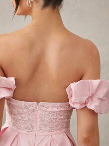 SHEIN Unity Off The Shoulder Dress With Lace Center And Bubble Hem - Dusty Pink - View 4