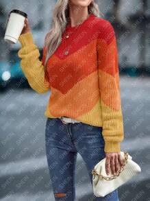 SHEIN LUNE Suéter casual de cuello redondo de manga larga de bloques de color para mujeres - Multicolor - Ver 3