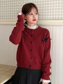 DAZY 女士单排扣蝴蝶结休闲长袖开衫，秋季服装外套圣诞节 - 酒紅色 - 查看 4