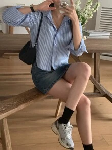 DAZY Women's Fitted Short Striped Long Sleeve Shirt, Blue, Spring/Autumn,Fall Women Clothes Crop Women Tops - Blue - View 5