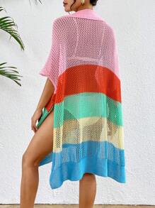SHEIN Swim Farbblock Lochmuster Stricklockerungssitz Schlitz Strand Vacation Überzieherkleid für den Sommer - Verschiedenfarbig - Übersicht 2
