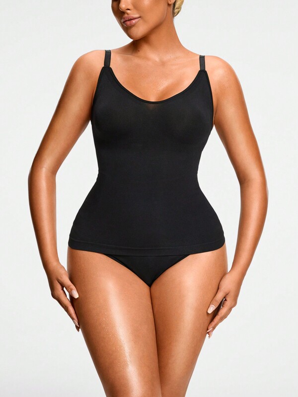 SHEIN Shape 2 pachete Set de îmbrăcăminte neagră fără cusături pentru controlul taliei pentru controlul burticii Îmbrăcăminte de modelare pentru corp Liftor de bust și de fund - 1 bucată de top și 1 bucată de tanga