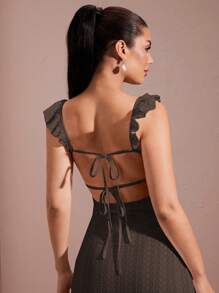 SHEIN BAE Sexy Hollow-Out Crochet Texture White Ruffled Flare Sleeve Backless Tie Waist Elegant Mermaid Dress