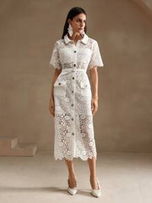 Anewsta 女士纹理白色蕾丝镂空经典衬衫裙适合节日派对服装长款女士服装 - 白色 - 查看 6