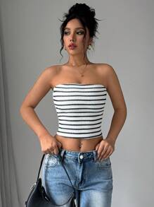 SHEIN Unity Damen Sommer Lässig Vacation Gepasster gestreifter Bandeau-Top - Verschiedenfarbig - Übersicht 6