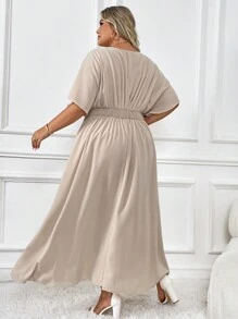SHEIN CURVE+ Plus Batwing Sleeve Dress - Khaki - View 2