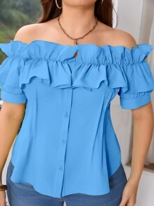 SHEIN Privé Plus Size Women's Elegant High Street Solid Color Volume Texture 3D Ruffle Off Shoulder Cinched Waist Short Sleeve Open Front Summer Blouse, Music Festival/Wedding Occasion Dramatic Silhouette Top - Blue - View 6