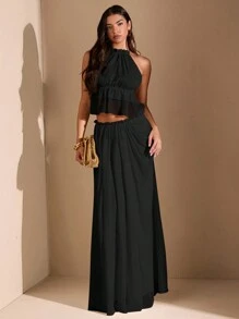 SHEIN BAE Women's White Solid Asymmetric Ruched High Slit Low Waist Skirt For Beach, Dating - Black - View 4
