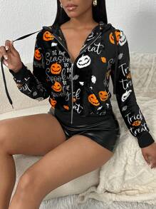 SHEIN SXY 女士拉链万圣节字母印花长袖休闲连帽夹克 - 黑色 - 查看 4