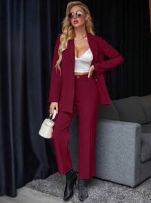 Chiquease Women's Solid Color Jacket And Pants 2-Piece Suit Set Fall Cloth For Women - Burgundy - View 6