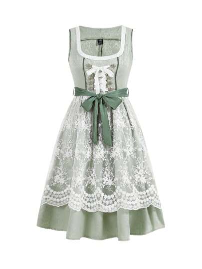 SHEIN Frenchy Women's Stand Collar Embroidered Lace Belted Dress With All-Over Print, Ruffle Hemline And Front Tie  Oktoberfest Dirndl Oktoberfest Tracht Oktoberfest  Wiesn  Bierfest  Dirndl Green Dress Oktoberfest Dirndl Oktoberfest Festival Summer Elegant Vacation Flower Evening Dress