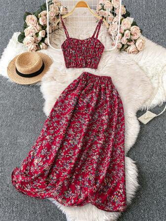 DreamSkyne Romantic Date  2pcs Plus Size Women's Ditsy Floral Camisole Top And Mini Skirt Set For New Year Clothes