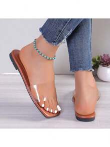 2024 New Transparent Minimalist Flat Sandals For Women, Square Toe Open-Toe Slip-On Style - Chocolate Brown - View 1