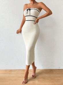 Pariaura 秋冬季女士抹胸连衣裙时尚针织性感连衣裙高档度假风长裙 - 杏色 - 查看 8