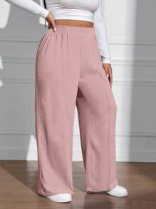 SHEIN EZwear 大码女式纯色简约休闲阔腿裤 - 藕粉色 - 查看 6