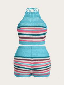 Slaydiva Plus Size Kỳ nghỉ thường ngày Áo không tay và quần short sọc đầy màu sắc dành cho nữ có dây đeo cổ-Z - Màu xanh lam - Xem 2