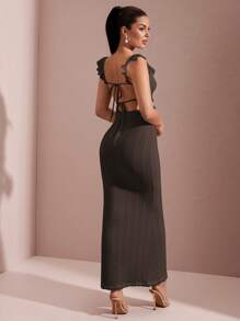 SHEIN BAE Sexy Hollow-Out Crochet Texture White Ruffled Flare Sleeve Backless Tie Waist Elegant Mermaid Dress