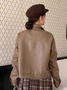 DAZY Ladies' Button-Up Long Sleeve Vintage Fashionable Streetwear Jacket,Fall Clothes Leather Jacket - Brown - View 5