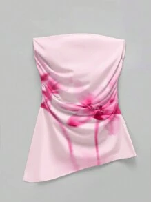 SHEIN EZwear Top tubo sin mangas con ruedo asimétrico fruncido con estampado de teñido anudado para mujer - Marrón - Ver 1