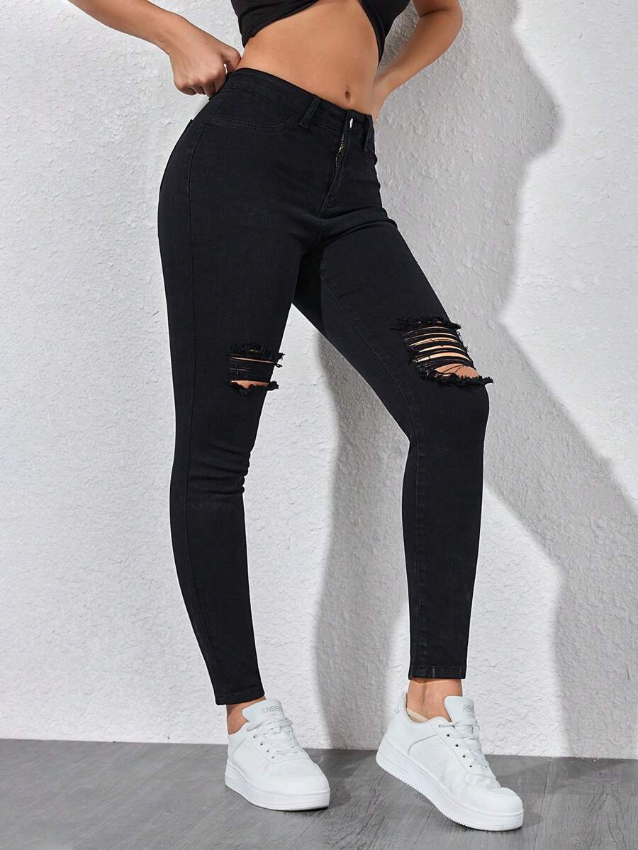 SHEIN ICON Front Button Closure Multi-Pocket Distressed Slim Fit Casual Denim Jeans Y2k - Black - View 1