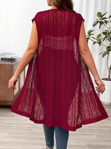 SHEIN Franclia Plus Size Nữ Đơn Giản Màu Trơn Không Tay Rỗng Áo Cardigan - Màu Đỏ Sâu - Xem 2