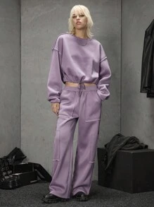 Manfinity VCAY 2 件男士宽松针织抽绳运动衫和直筒运动裤套装，春秋季，秋冬适用 - 淡紫色 - 查看 2