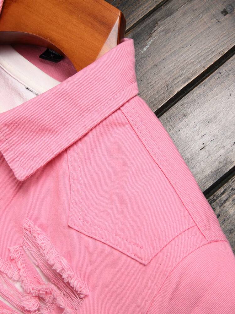 Manfinity Homme Men's Button Up Ripped Distressed Design Short Sleeve Casual Street Style Denim Shirt - Pink - View 5