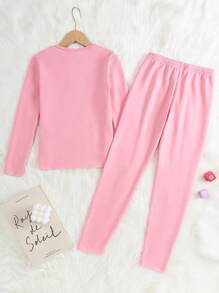SHEIN 2pcs Tween Girl Simple Comfortable High Elastic Long Sleeve Sleepwear Set - Dusty Pink - View 2
