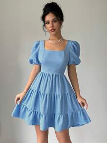 Breezaya 女士浪漫优雅演唱会服装海滩夏季春季连衣裙波西米亚风泡泡袖露背领结度假休闲旅行荷叶边下摆淡蓝色 2025 年新款连衣裙 - 藍色 - 查看 7