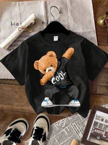 SHEIN 3pcs/Set Young Boy Casual Minimalist Cartoon Bear Graphic Round Neck Short Sleeve T-Shirt, Suitable For Summer, School, Campus, College - Multicolor - View 3