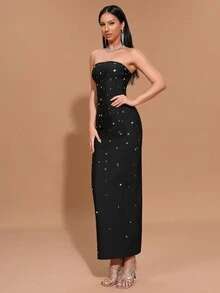 Modphy Vestido largo con escote palabra de honor sin espalda, con strass negro, vestido de noche formal sexy para damas de honor, fiesta - Negro - Ver 5