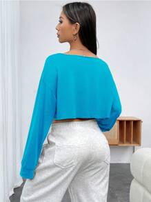 INAWLY 大码女式纯色简约圆领长袖 T 恤 - 藍色 - 查看 2