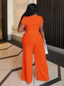 Slaydiva Ensemble de body à col polo décontracté et manches courtes avec nœud à l'avant et pantalon droit - B - Orange - Voir 2