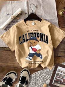 SHEIN 3pcs/Set Young Boy Casual Minimalist Cartoon Bear Graphic Round Neck Short Sleeve T-Shirt, Suitable For Summer, School, Campus, College - Multicolor - View 2