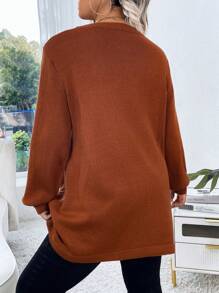 SHEIN LUNE Plus Size Solid Color Button-Front Knit Sweater, Autumn/Winter Knit Pullover Fall - Redwood - View 2