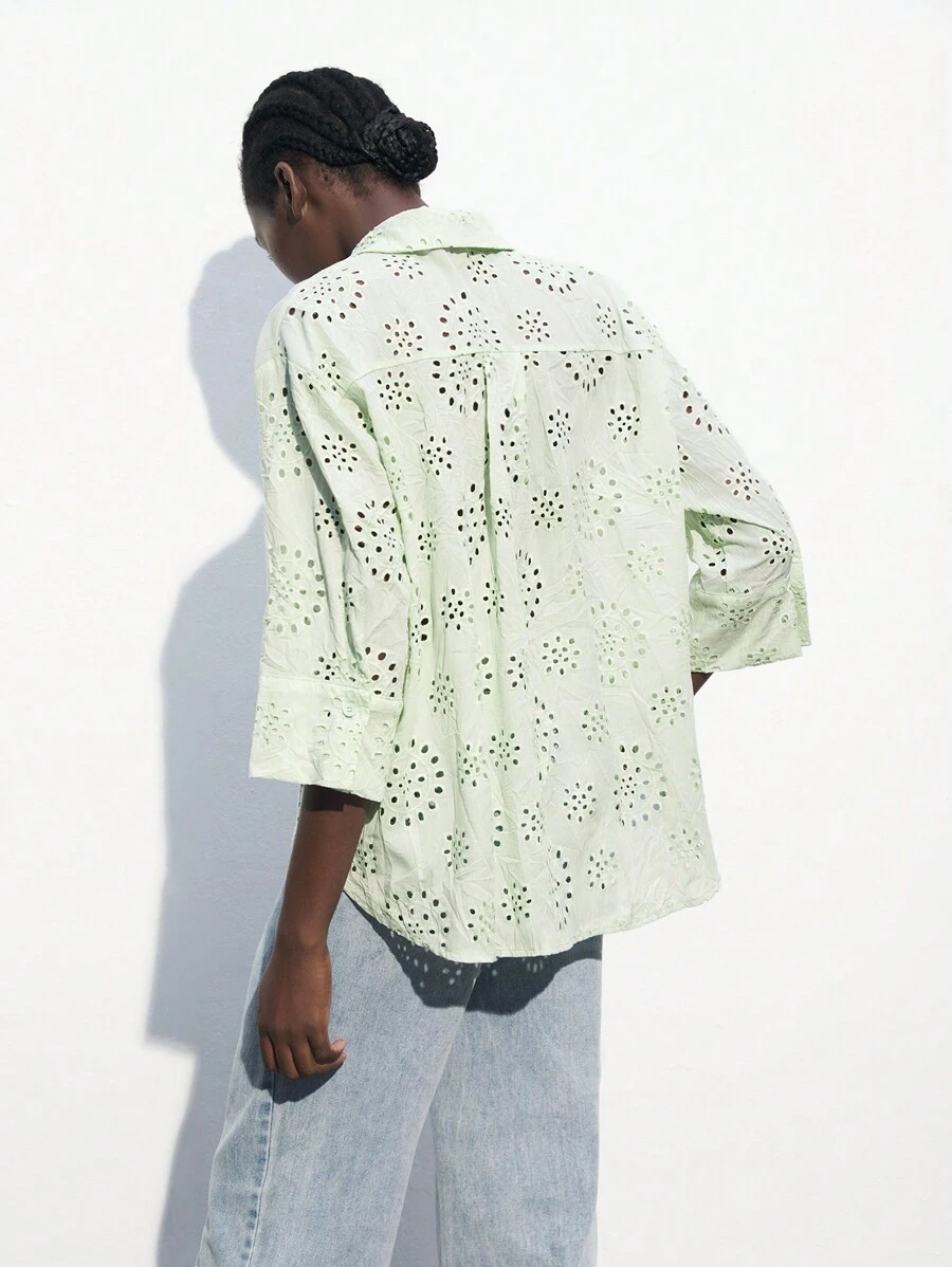 Maija Women's Casual Solid Color Hollow Out Embroidery Blouse, Spring Summer - Green - View 1