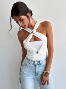 Firerie 白色优雅休闲浪漫吊带系腰连衣裙，适合节日、派对、音乐节 - 白色 - 查看 4