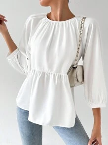 SHEIN Privé Women's Summer Casual Elegant Vacation Loose White Blouse With Tie Back, Lantern Sleeves And Ruffle Hem Fall Blouses