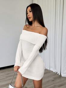 Flirla Vestido Elegante de Ombro Aberto de Manga Longa com Charme de Ombro Caído e Lapela para Mulheres - Branco - Visão 4