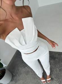 Firerie Women Elegant Design Asymmetrical Strapless Crop Tube Top & High Waisted Faux Boned Straight Pants Set, All White Two-Piece Outfit