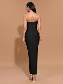 Modphy Vestido largo con escote palabra de honor sin espalda, con strass negro, vestido de noche formal sexy para damas de honor, fiesta - Negro - Ver 2