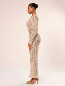 MUSERA 做旧针织长袖连衣裙 夏季度假春季沙滩长裙 - 卡其色 - 查看 3