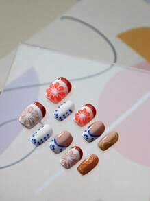 Elevate Your Style With Creative 10pcs Square Short Handmade French Porcelain Printing Japanese Style Fake Nail Creative 3d Three-Dimensional Decoration Orange Summer Nordic Funny Full Coverage Acrylic False Nail For Women And Girls - Multicolor - View 2