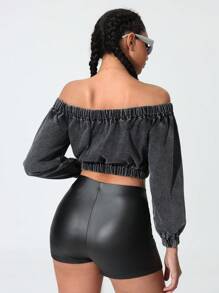 Women's Off-Shoulder Denim Blouse With Ruffle Detail Cowgirl Top - Black - View 3